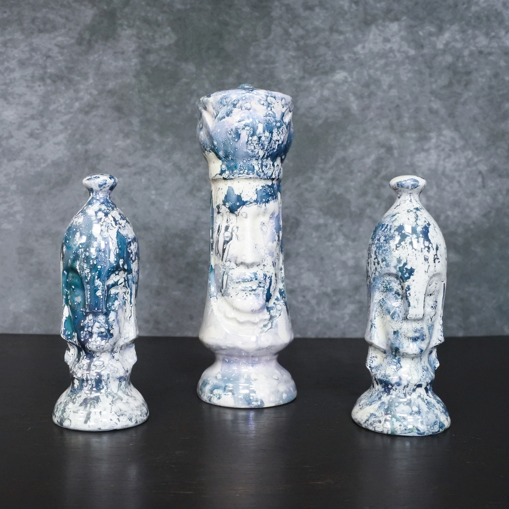 Vintage Mid Century Modern Tiki Style Totems Drip Glaze Sculpture Set